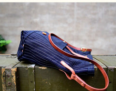 Womens Jeans Shoulder Bag Blue Striped Denim Leather Crossbody Bag for Men Striped Messnger Bag - Feltify