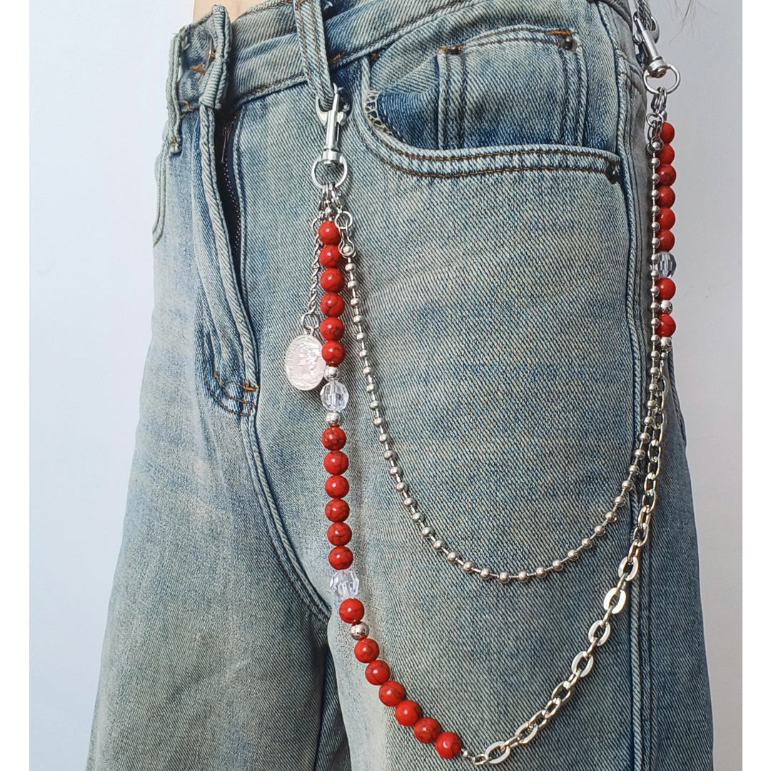 Beaded Wallet Chain Red Turquoise Stone Ball Wallet Chain Double Wallet Chain - iChainWallets