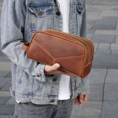 mens leather hygiene bag Brown Leather Men's Toiletry Bag Leather Roomy Dopp Kit Clutch Wash Kit - iwalletsmen