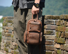 Dark Brown Leather Sling Backpack for Men 
