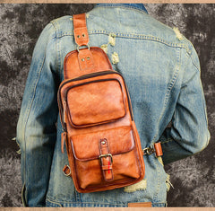 Brown Leather Chest Bag for Men Mens Chest Crossbody Bag Leather Cross Chest Bag Men's - iwalletsmen