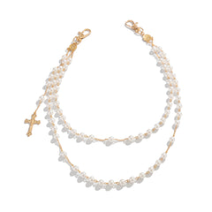Pearl Wallet Chain Gold Beaded Wallet Chain for Women Double Wallet Chain with Cross - iChainWallets