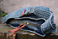 Blue Denim Messnger Bag Washed Distressed Womens Large Jeans Shoulder Bag Large Denim Crossbody Bag for Men - Feltify