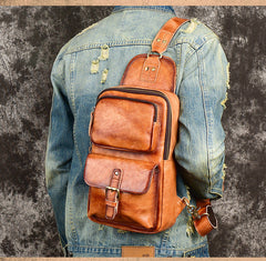 Brown Leather Chest Bag for Men Mens Chest Crossbody Bag Leather Cross Chest Bag Men's - iwalletsmen