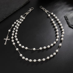 Pearl Wallet Chain Gold Beaded Wallet Chain for Women Double Wallet Chain with Cross - iChainWallets