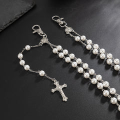 Pearl Wallet Chain Gold Beaded Wallet Chain for Women Double Wallet Chain with Cross - iChainWallets