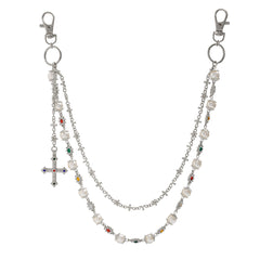 Pearl Wallet Chain for Women Silver Wallet Chain Womens Wallet Chain with Cross - iChainWallets