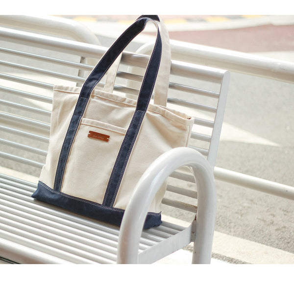 Mens White&Blue Canvas Stachel Tote Bag Canvas Tote Shoulder Bags Handbag for Women