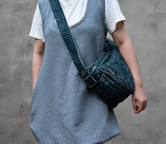 Blue Denim Messnger Bag Washed Distressed Womens Large Jeans Shoulder Bag Large Denim Crossbody Bag for Men - Feltify