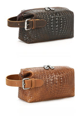 Braided Pattern Leather Toiletry Bag Men's Brown Leather Toiletry Bag Full Grain Leather Toiletry Bag - iwalletsmen