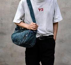 Blue Denim Messnger Bag Washed Distressed Womens Large Jeans Shoulder Bag Large Denim Crossbody Bag for Men - Feltify