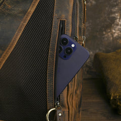 Sling bag for big man - leather texture and stitching detail close-up