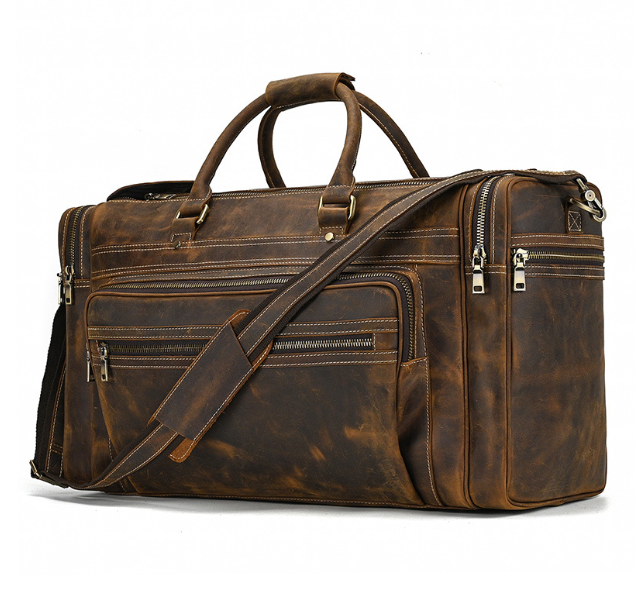 Vintage Large Leather Men's Overnight Bag Brown Travel Bag Weekender Bag For Men - Lifestyle View