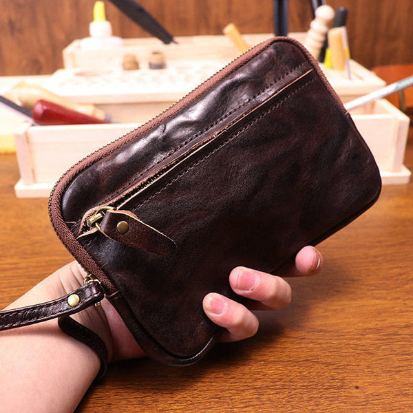 Dark Brown Leather Wristlet Clutch Wallet for Men Leather Phone Clutch Wallet - iwalletsmen