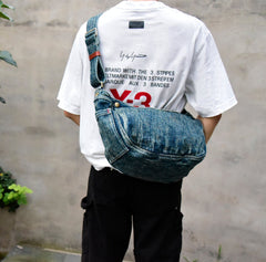 Blue Denim Messnger Bag Washed Distressed Womens Large Jeans Shoulder Bag Large Denim Crossbody Bag for Men - Feltify