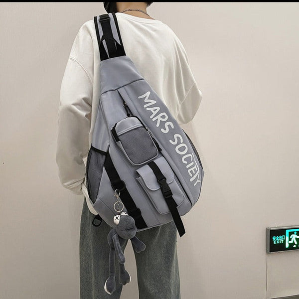 Nylon Large Sling Bag For Big Men Gray Waterproof Hiking - Front View