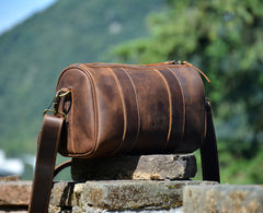 Brown Leather Barrel Crossbody Bag Mens Barrel Leather Bag Small Barrel Shoulder Bag - iwalletsmen