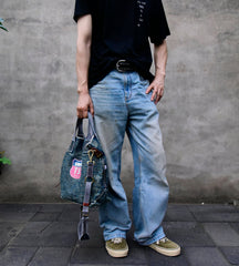 Blue Jean Vertical Tote Bag Denim Tote Handbag Denim Tote Bag Blue Denim Tote Shoulder Bag - Feltify