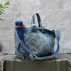 Blue Denim Tote Handbag Washed Denim Tote Bag Stone Washed Denim Tote Shoulder Bag - Feltify
