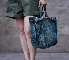 Blue Denim Tote Handbag Washed Denim Tote Bag Stone Washed Denim Tote Shoulder Bag - Feltify