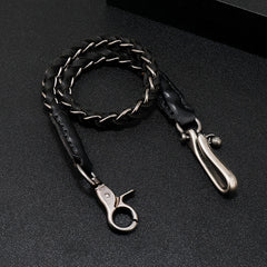 Cool Black Braided Wallet Chains With Hook Handmade Silver Leather Biker Pants Chain For Men