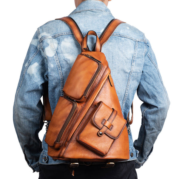 Large Men's Sling Bag Leather Convertible Big Sling Bag - Front View