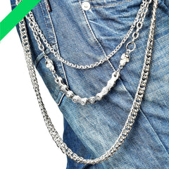 Cool Mens Silver Three Layers Pants Chains Silver Badass Three Biker Wallet Chain For Men