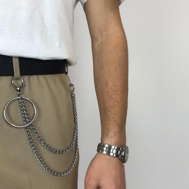 Cool Silver Double Layers Wallet Chain Silver Double Biker Pants Chains With Big Ring For Men