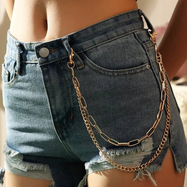 Cute Womens Silver Double Layers Pants Chain Silver Double Biker Wallet Chains With Big Ring For Women