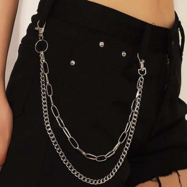 Cute Womens Silver Double Layers Pants Chains Silver Double Biker Wallet Chain With Big Ring For Women