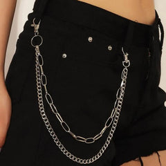 Cute Womens Silver Double Layers Pants Chain Silver Double Biker Wallet Chains With Big Ring For Women