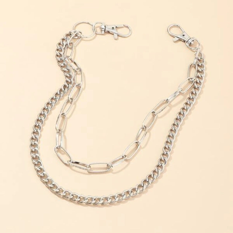 Cute Womens Silver Double Layers Pants Chain Silver Double Biker Wallet Chains With Big Ring For Women