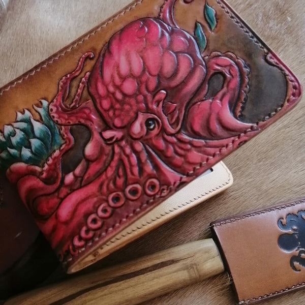 Octopus Tooled Leather Wallet Card Wallet with ID Window Cool ID Holder Wallet Mens Wallet with ID Window?