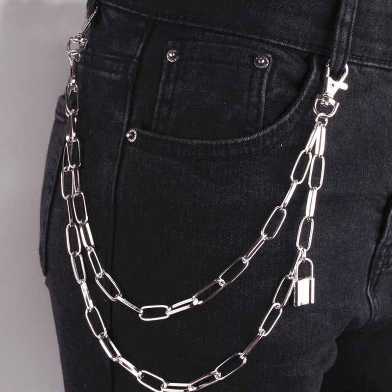 Cute Mens Silver Double Layers Pants Chains With Lock Silver Double Biker Wallet Chain For Women