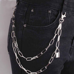 Cute Mens Brass Double Layers Pants Chains With Lock Silver Double Biker Wallet Chain For Women