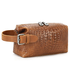 Braided Pattern Leather Toiletry Bag Men's Brown Leather Toiletry Bag Full Grain Leather Toiletry Bag - iwalletsmen