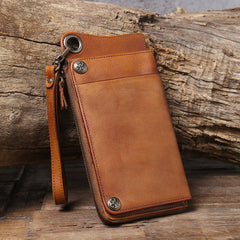 Genuine Leather Mens Cool Biker Chain Wallet Long Leather Wallet Slim Clutch Wristlet Wallet for Men