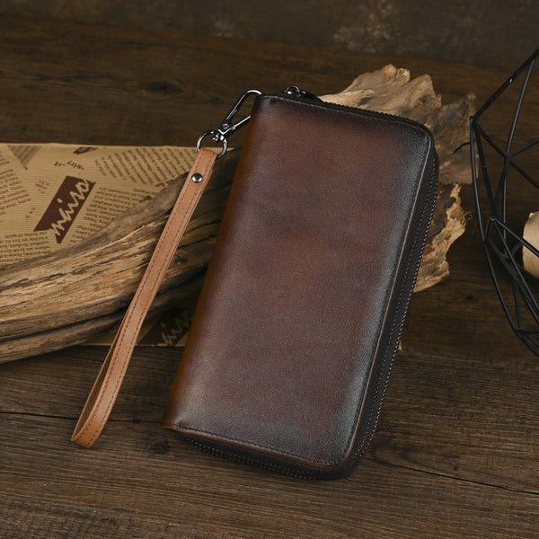 Leather Double Zip Around Wallet for Men Long Mens Double Zip Wallet Wristlet - iwalletsmen
