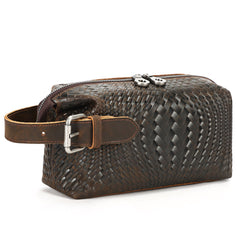 Braided Pattern Leather Toiletry Bag Men's Brown Leather Toiletry Bag Full Grain Leather Toiletry Bag - iwalletsmen