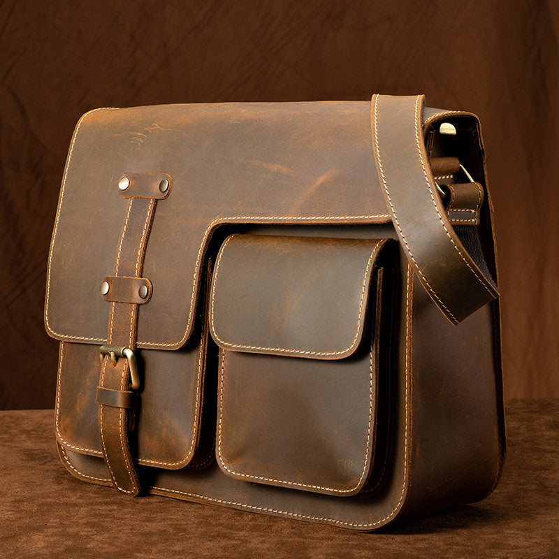 Brown Leather Messenger Bag - Back View