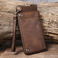 Genuine Leather Mens Cool Biker Chain Wallet Long Leather Wallet Slim Clutch Wristlet Wallet for Men