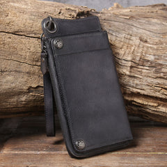 Genuine Leather Mens Cool Biker Chain Wallet Long Leather Wallet Slim Clutch Wristlet Wallet for Men