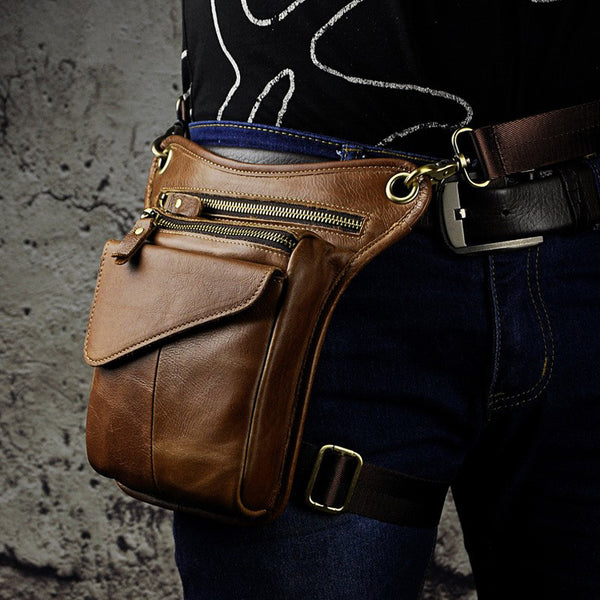 Brown Leather Waist Drop Leg Thigh Bag Outdoor Motorcycle Thigh Bag Biker Thigh Bag for Men