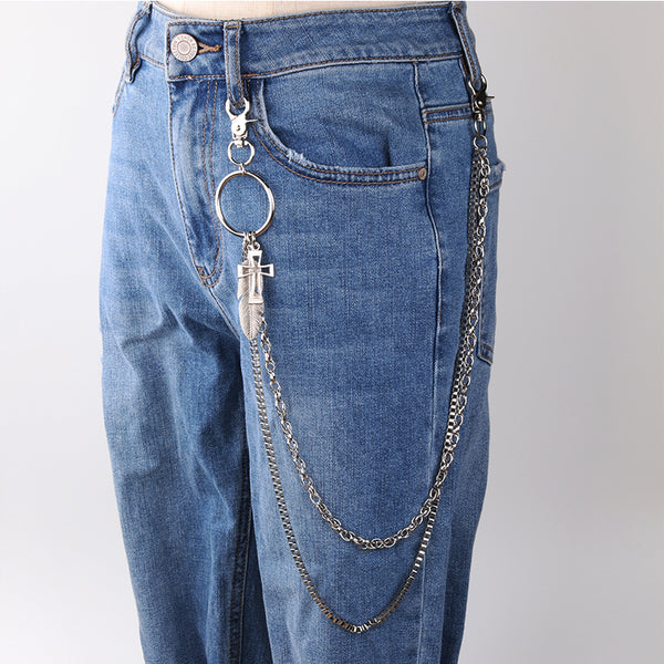 Womens Jeans Chains Silver Two Chains With Leaf&Cross Charm Cute Long Pants Chain For Women