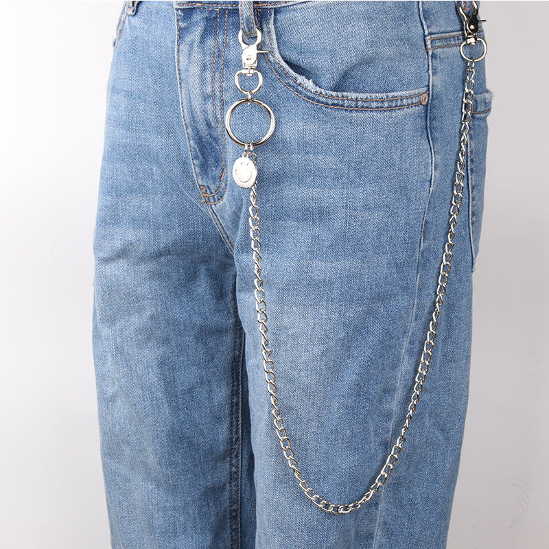 Silver Womens Long Wallet Chain With Smile Face Charm Jeans Chain Cute Beads Long Pants Chain For Women