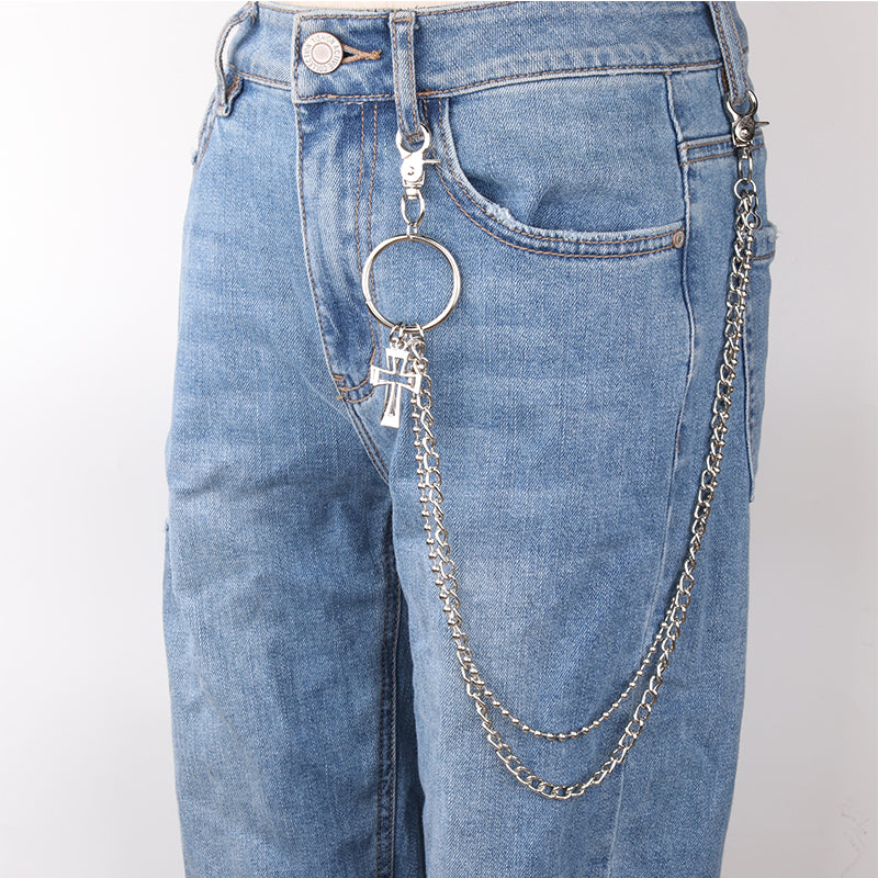 Silver Womens Jeans Chains Two Chains With Cross Charm Cute Long Pants Chain For Women