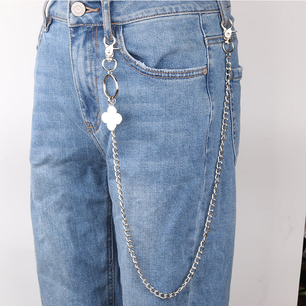 Silver Womens Long Wallet Chain With Clover Charm Jeans Chain Cute Beads Long Pants Chain For Women