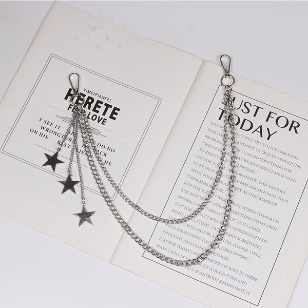 Cute Womens Jeans Chain Silver Double Layers With Stars Charms Wallet Chains For Women