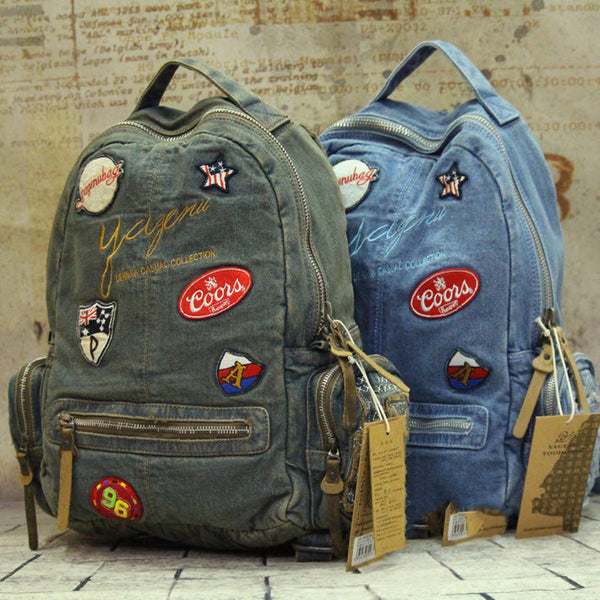 Vintage Blue Denim Womens Backpacks School Backpack With Stickers Vintage Denim Backpack For Women