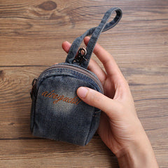 Womens Blue Denim Small Card Coin Purse Vintage Denim Mini Pouch with Lanyard for Women